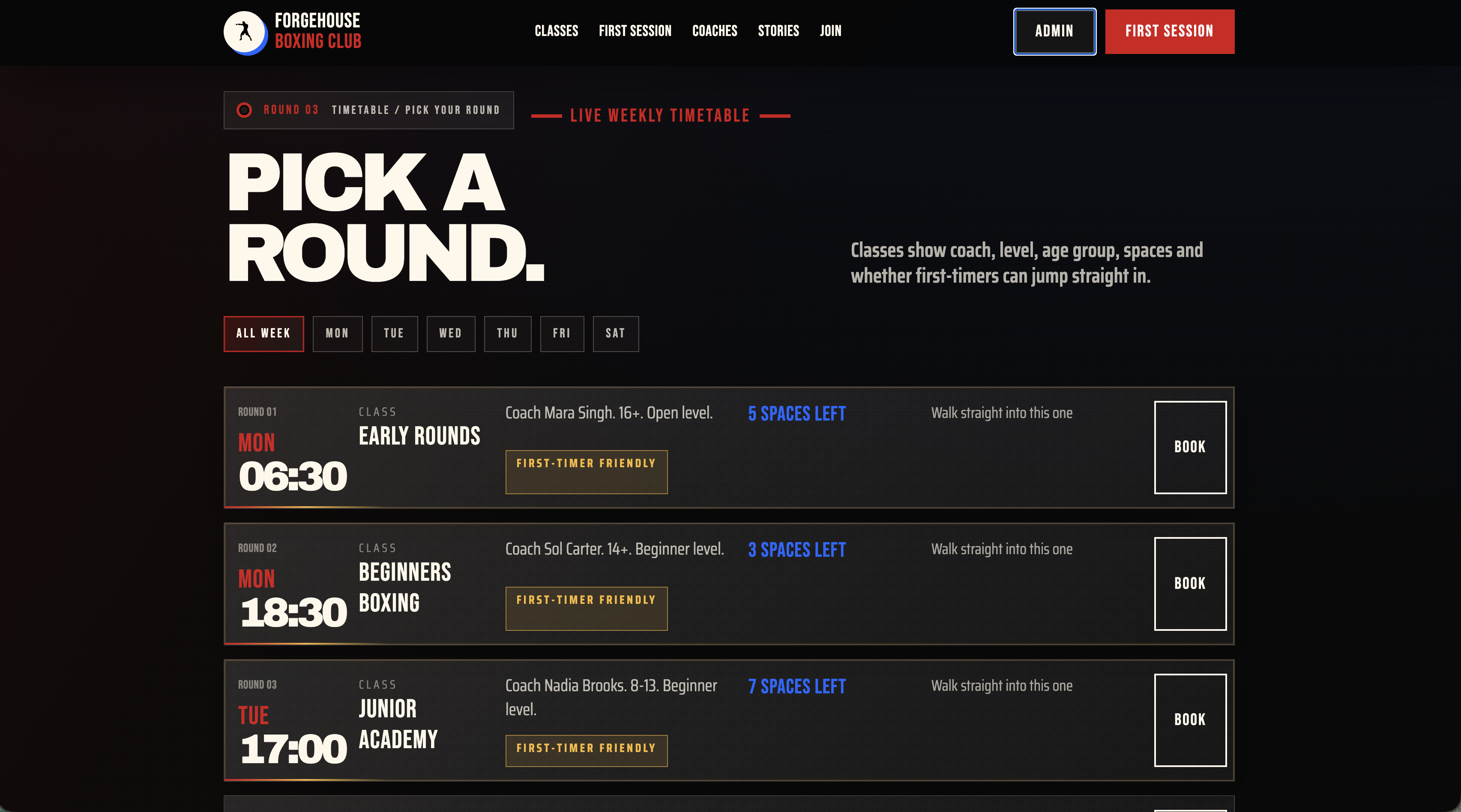 Boxing concept class screen showing class options, booking routes, and beginner information