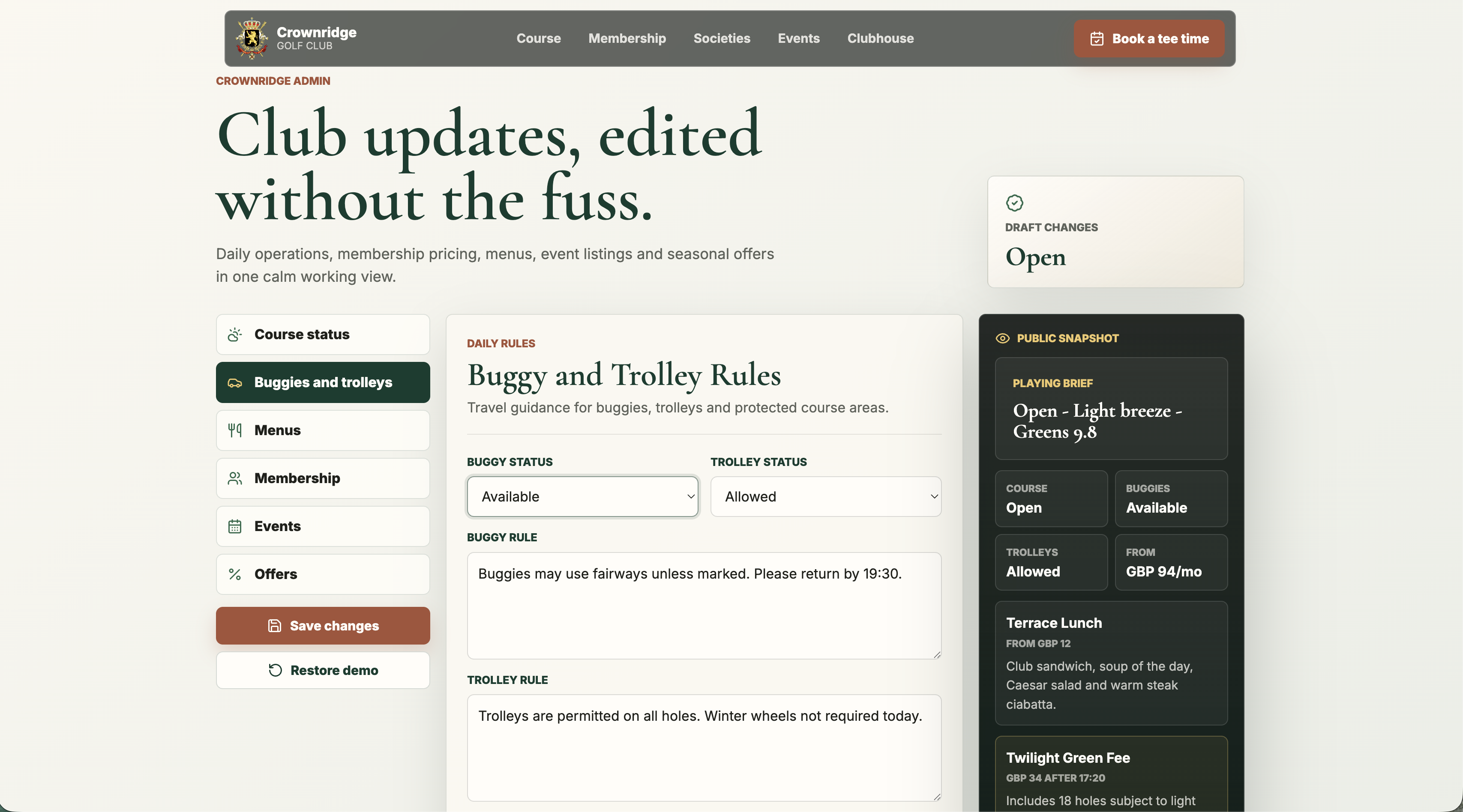 Golf concept admin dashboard showing editable club content and CMS controls