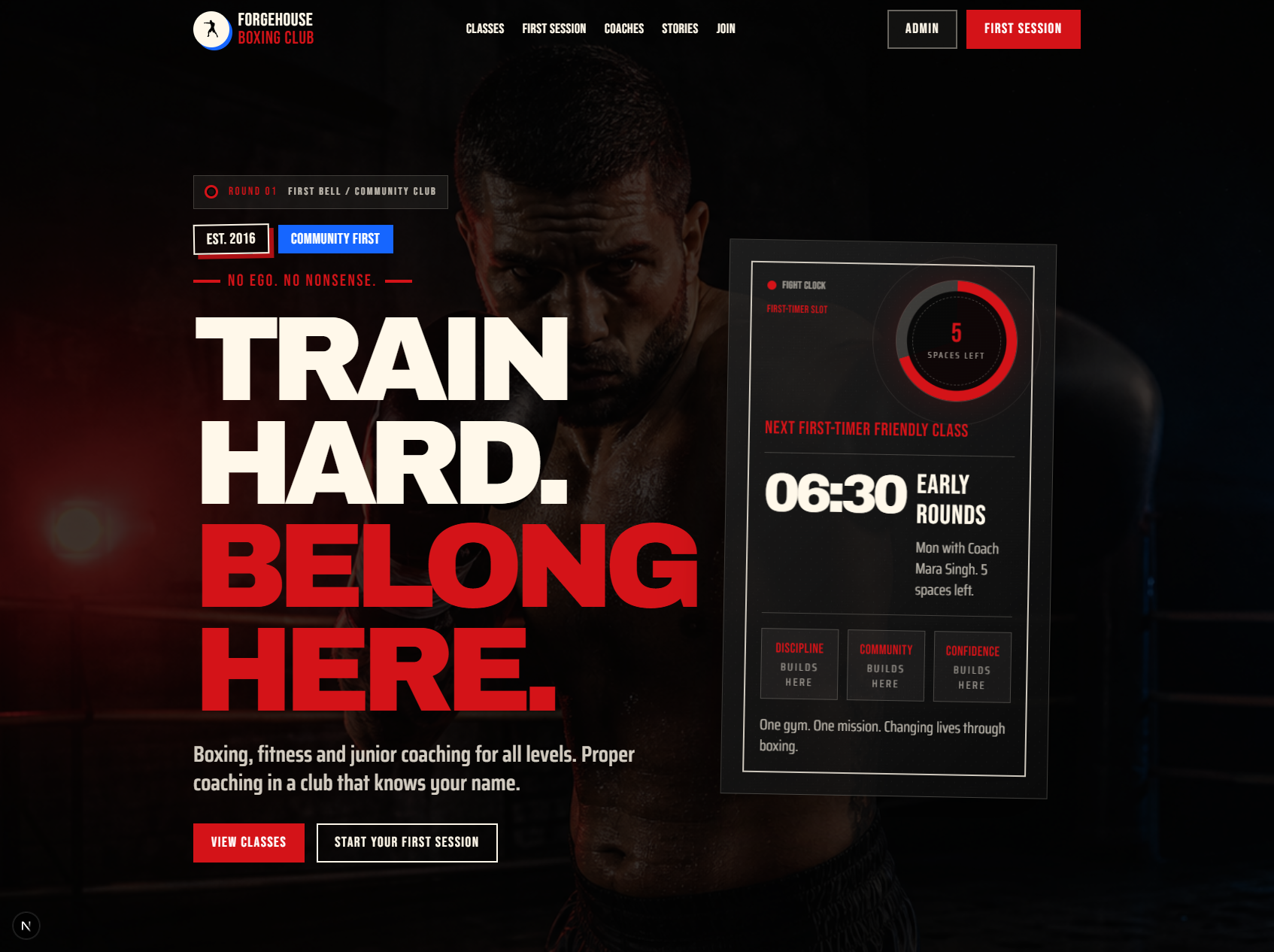 Forgehouse Boxing Club concept homepage with boxing gym hero, beginner reassurance, and class prompts