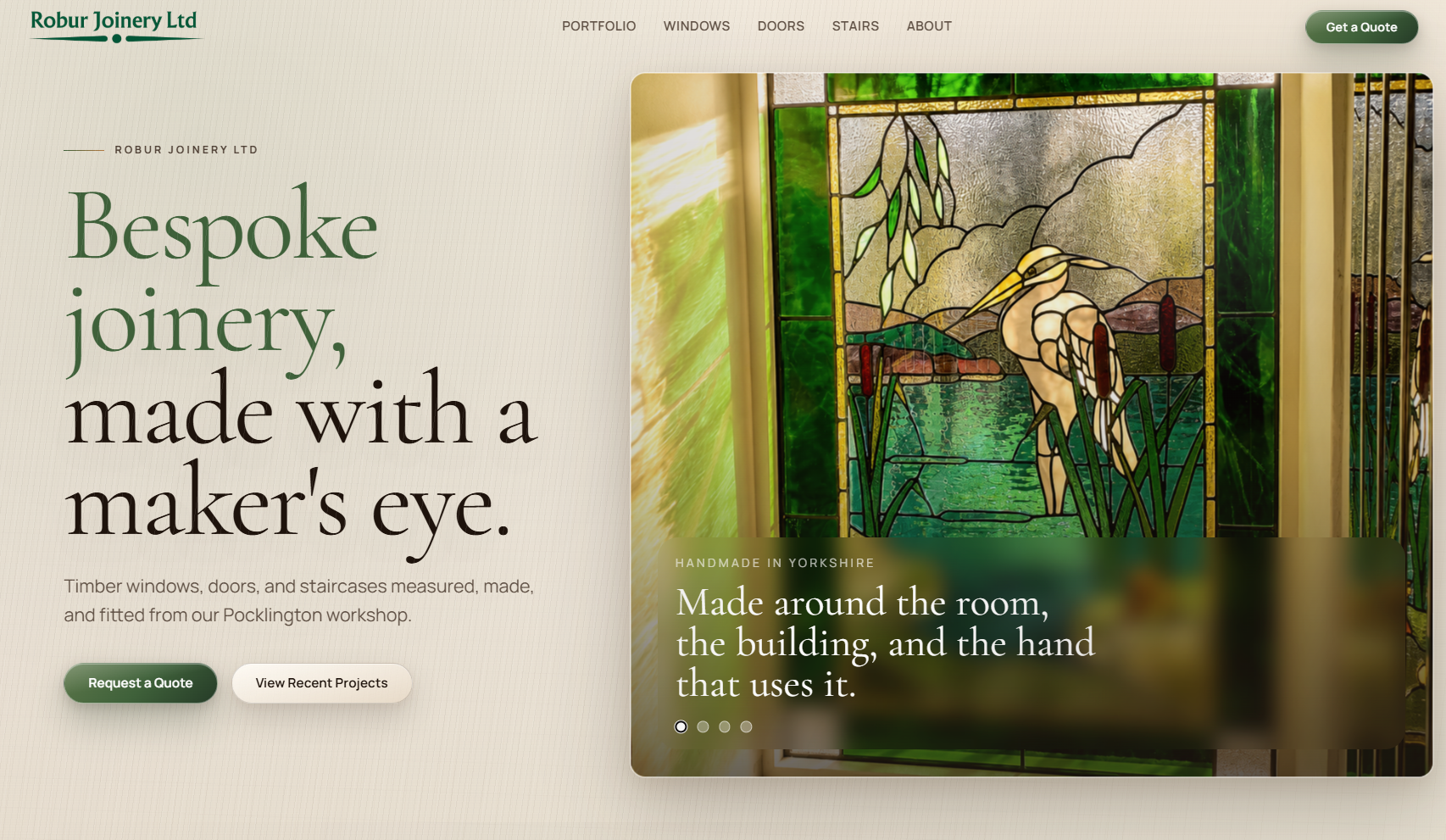 Robur Joinery website homepage with timber joinery imagery, services, trust signals, and quote call to action