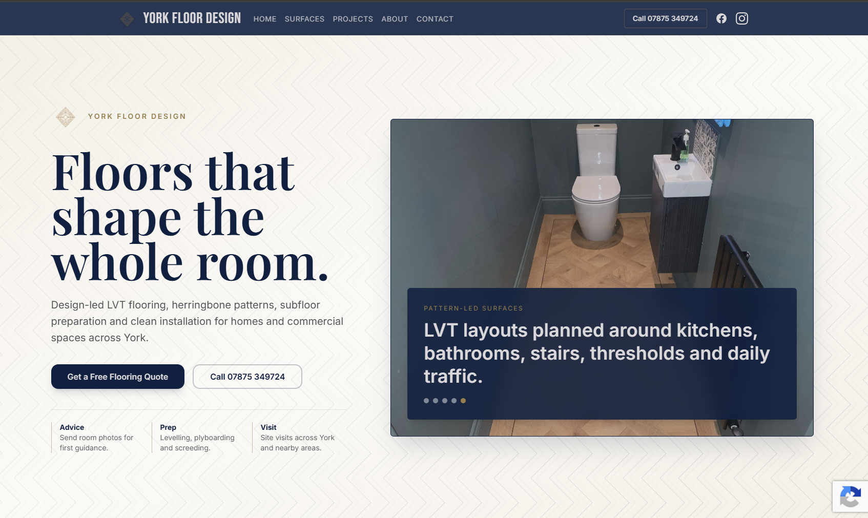 York Floor Design website homepage with flooring imagery, service sections, proof, and contact details